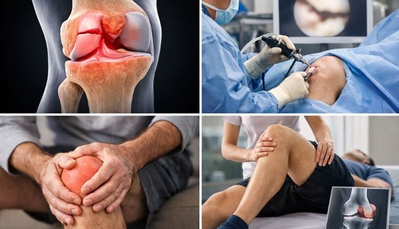 Arthroscopic meniscus tear surgery and knee injury treatment showing torn meniscus, knee locking pain, and rehabilitation therapy