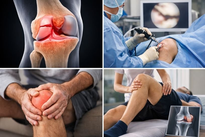 Arthroscopic meniscus tear surgery and knee injury treatment showing torn meniscus, knee locking pain, and rehabilitation therapy