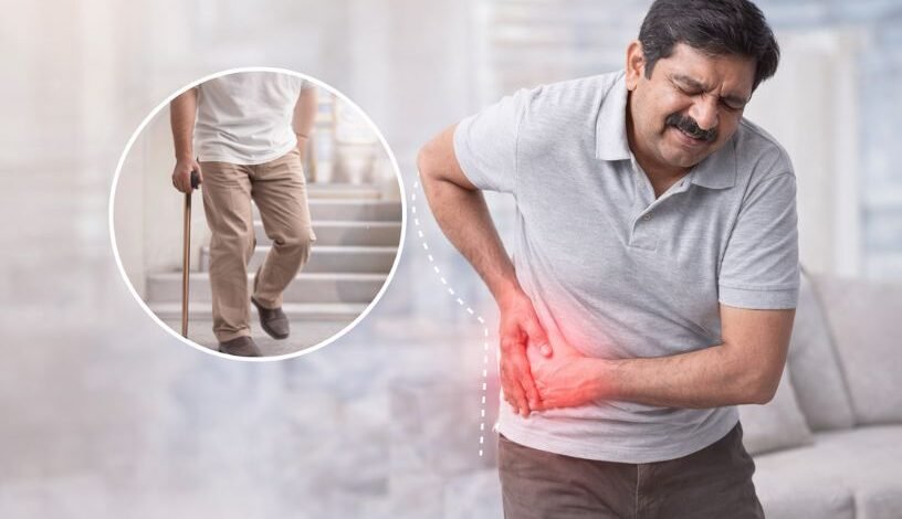 Patient suffering from hip joint pain showing early signs of hip replacement surgery and chronic hip arthritis symptoms