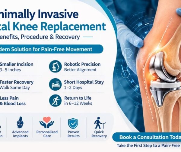 Minimally invasive total knee replacement surgery showing knee implant, benefits, procedure, and recovery timeline
