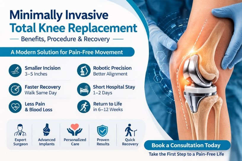 Minimally invasive total knee replacement surgery showing knee implant, benefits, procedure, and recovery timeline