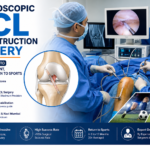 Arthroscopic ACL reconstruction surgery infographic showing orthopedic surgeons performing minimally invasive knee ligament surgery with ACL anatomy and sports injury recovery details
