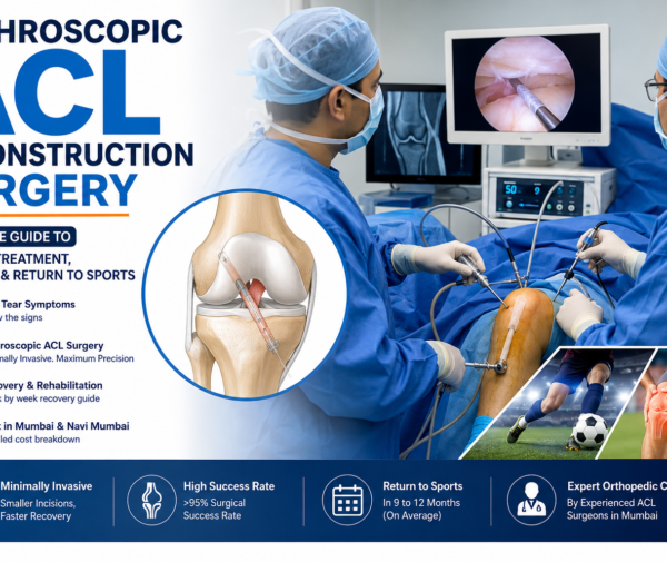 Arthroscopic ACL reconstruction surgery infographic showing orthopedic surgeons performing minimally invasive knee ligament surgery with ACL anatomy and sports injury recovery details