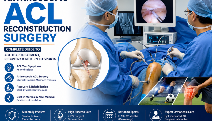 Arthroscopic ACL reconstruction surgery infographic showing orthopedic surgeons performing minimally invasive knee ligament surgery with ACL anatomy and sports injury recovery details
