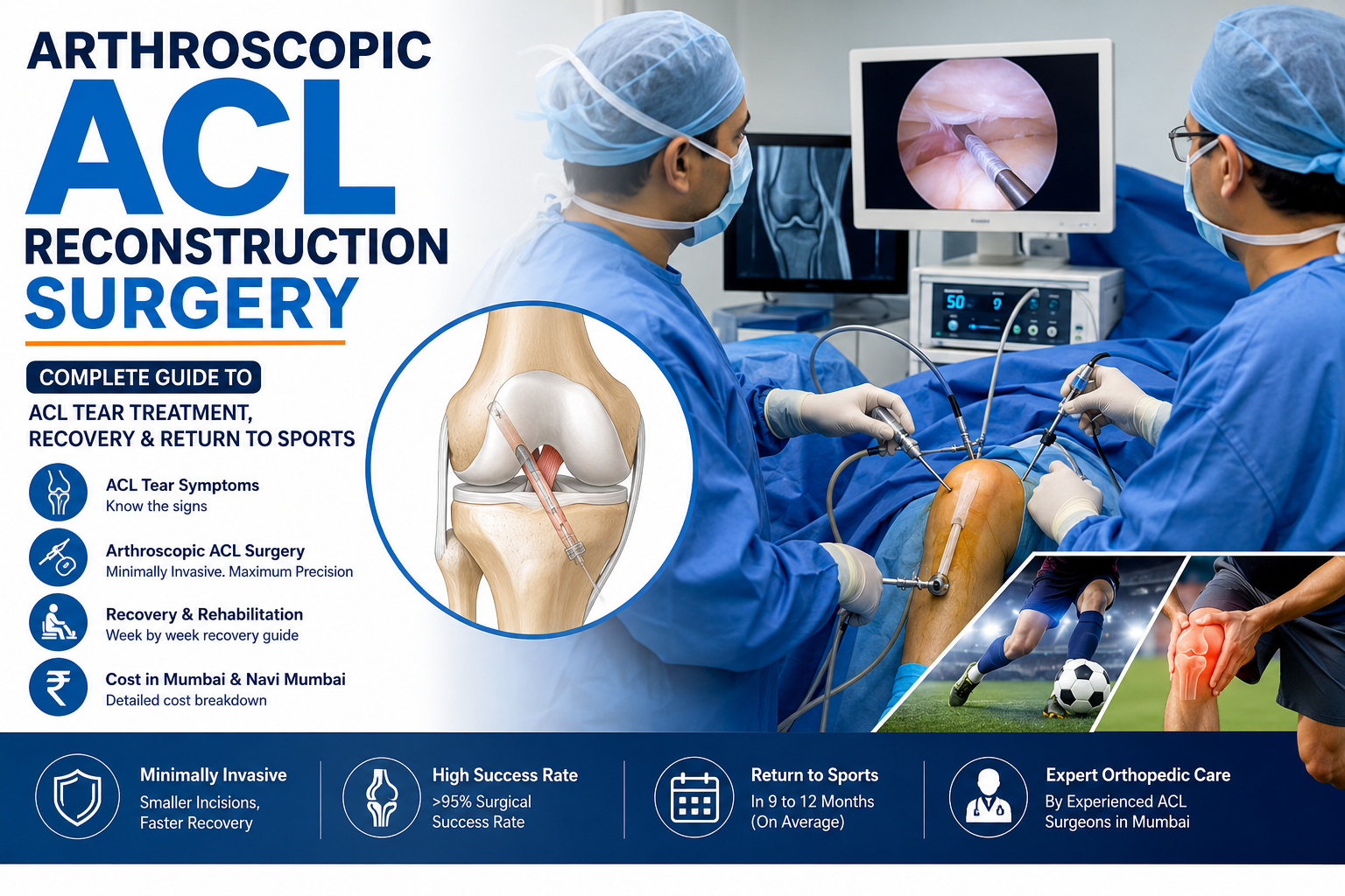 Arthroscopic ACL reconstruction surgery infographic showing orthopedic surgeons performing minimally invasive knee ligament surgery with ACL anatomy and sports injury recovery details