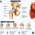 Medical infographic explaining hip anatomy, hip muscles, hip joint structure, functions, and common hip problems like arthritis, bursitis, AVN, and labral tears.