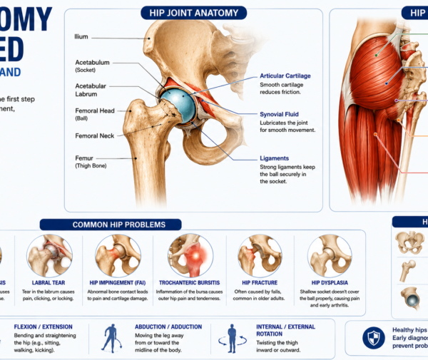Medical infographic explaining hip anatomy, hip muscles, hip joint structure, functions, and common hip problems like arthritis, bursitis, AVN, and labral tears.