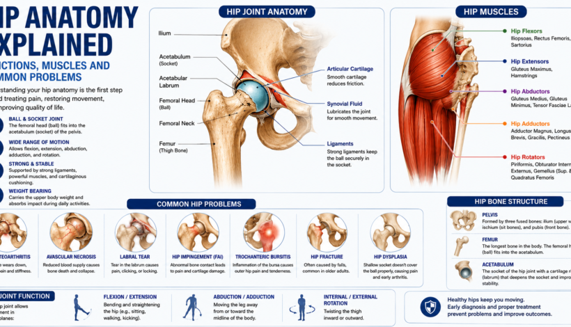 Medical infographic explaining hip anatomy, hip muscles, hip joint structure, functions, and common hip problems like arthritis, bursitis, AVN, and labral tears.