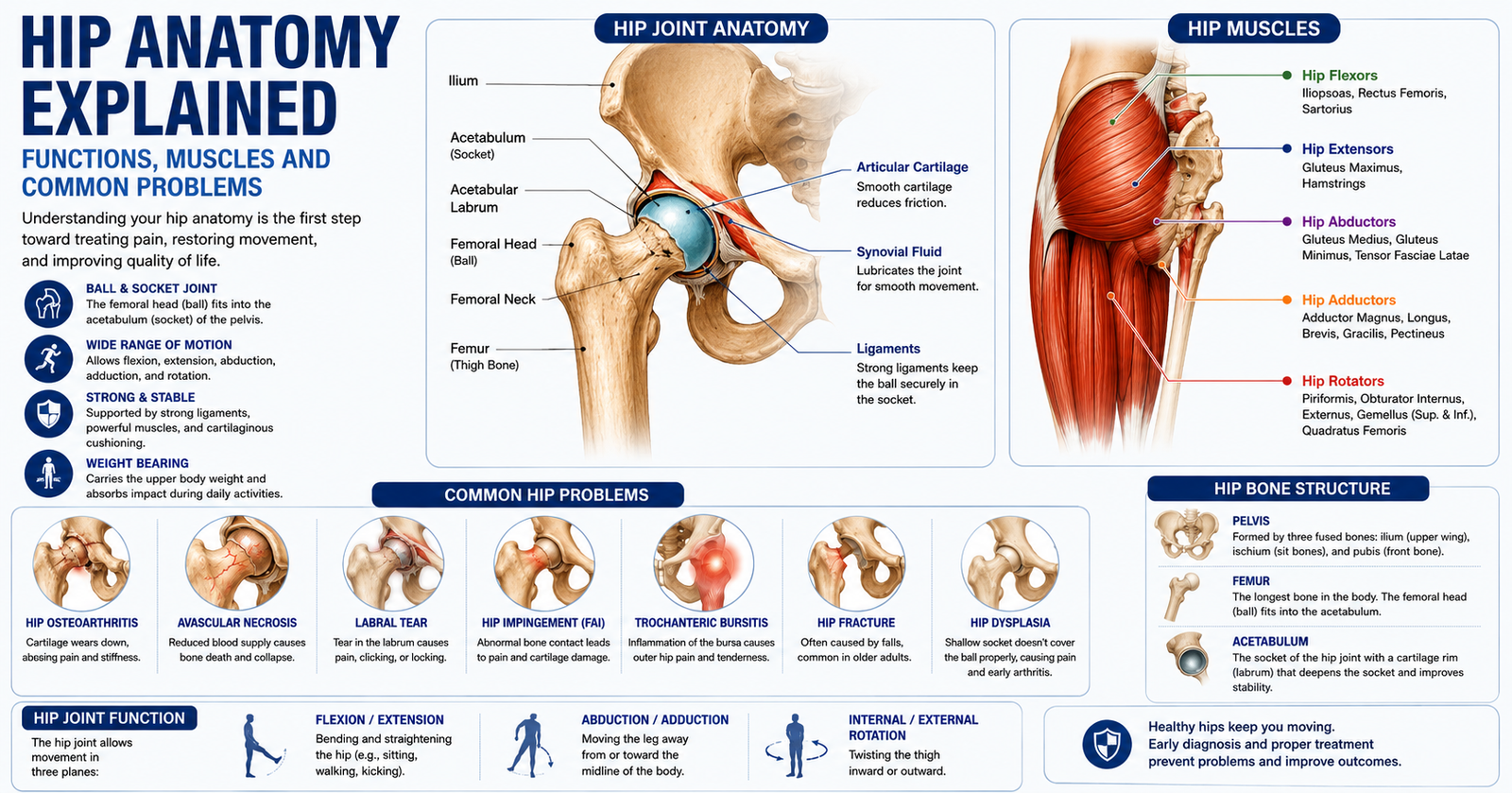 Medical infographic explaining hip anatomy, hip muscles, hip joint structure, functions, and common hip problems like arthritis, bursitis, AVN, and labral tears.