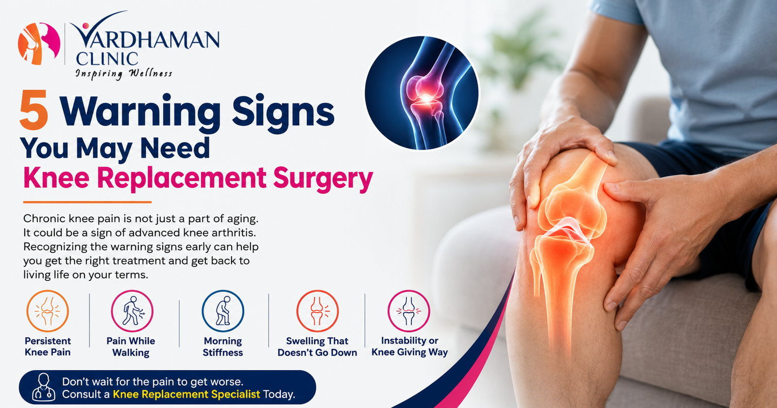 Learn 5 warning signs you may need knee replacement surgery, including chronic knee pain, stiffness, swelling, and instability. Expert orthopedic guide.