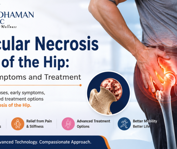 Avascular necrosis (AVN) of the hip showing hip pain, bone damage, causes, symptoms, diagnosis, stages, and treatment options including hip replacement surgery.