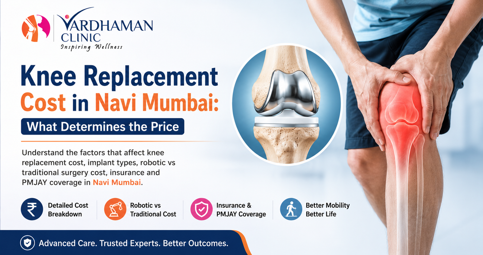 Knee replacement cost in Navi Mumbai showing knee pain, knee implant, robotic and traditional knee replacement surgery, insurance coverage, and treatment options.