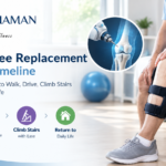 Robotic knee replacement recovery timeline showing walking, driving, stair climbing, and returning to daily activities