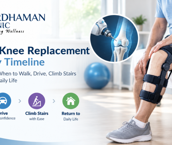 Robotic knee replacement recovery timeline showing walking, driving, stair climbing, and returning to daily activities