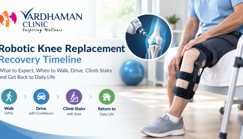 Robotic knee replacement recovery timeline showing walking, driving, stair climbing, and returning to daily activities