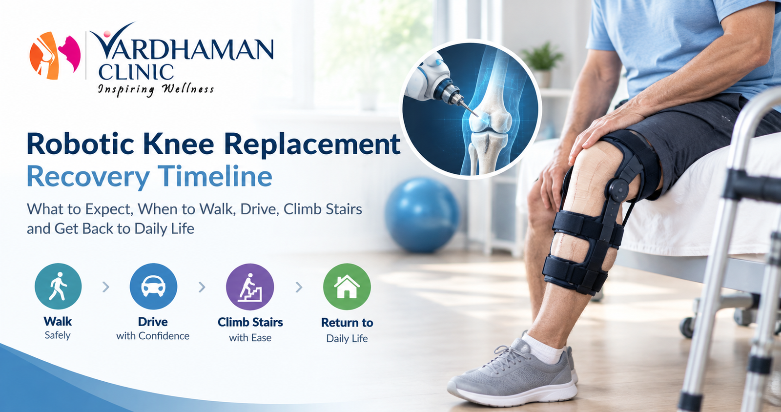 Robotic knee replacement recovery timeline showing walking, driving, stair climbing, and returning to daily activities