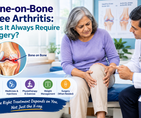 Bone-on-bone knee arthritis treatment options, including physiotherapy, injections, and knee replacement surgery