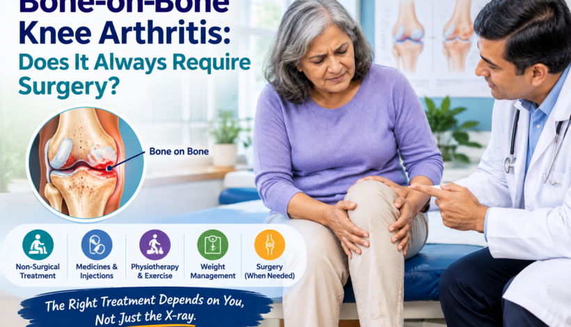 Bone-on-bone knee arthritis treatment options, including physiotherapy, injections, and knee replacement surgery