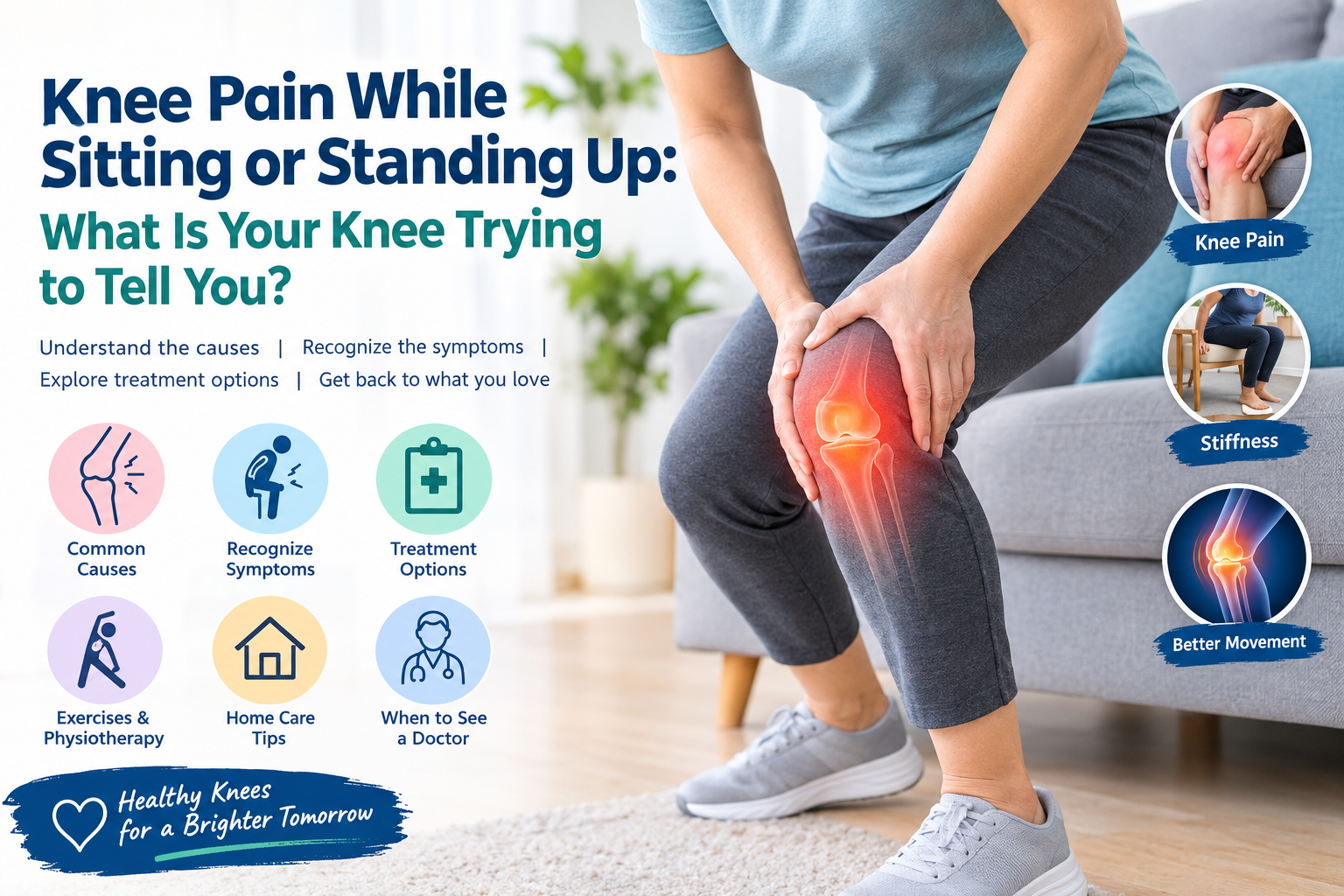 Person experiencing knee pain while standing up after sitting