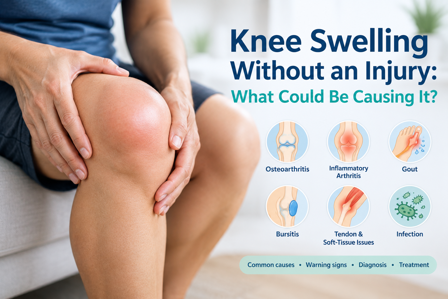 Swollen knee without injury showing common causes such as arthritis, gout, and bursitis.